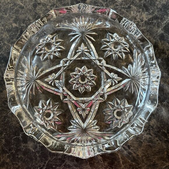 Anchor Hocking Prescut Clear 7.5” Ashtray Pressed Glass USA Star Vintage - Picture 1 of 5